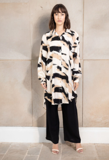 Großhändler Lusa Mode - Langärmliges, abstrakt bedrucktes Hemd aus leinenähnlichem Stoff