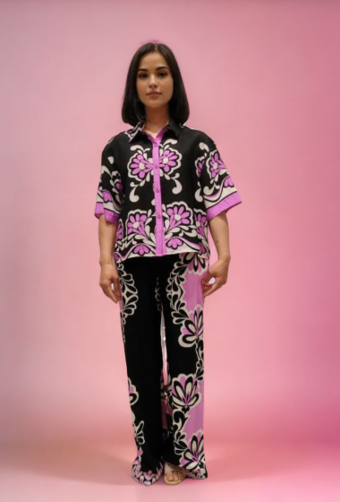 Grossiste Lusa Mode - Ensemble chemise et pantalon à poches avec imprimé géométrique