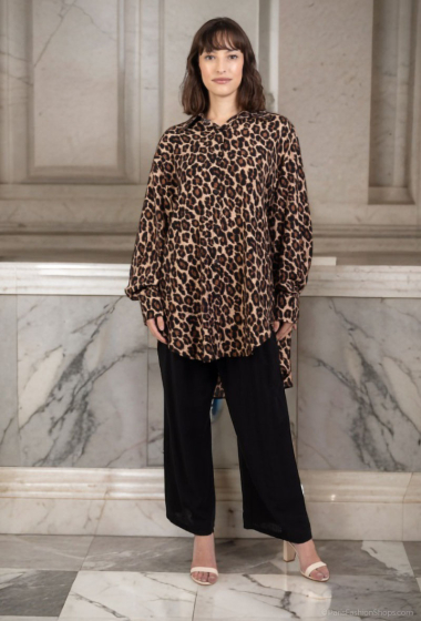 Grossiste Lusa Mode - Ensemble chemise et pantalon avec imprimé léopard avec tissu similaire au lin