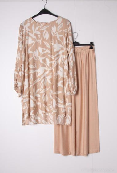Großhändler Lusa Mode - Set aus Tunika und Hose aus Stoff in Leinenoptik mit tropischem Aufdruck