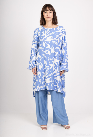 Mayorista Lusa Mode - Conjunto de túnica y pantalón en tejido efecto lino con estampado tropical