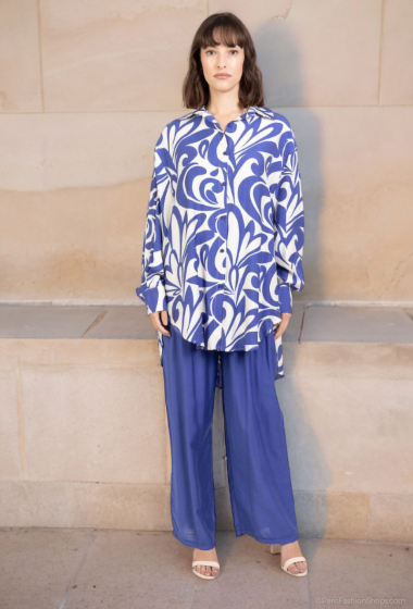 Wholesaler Lusa Mode - Shirt and pants set with linen-like fabric and tropical print