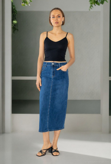 Grossiste Lusa Mode - Jupe en jeans stretch 83cm avec fente arrière