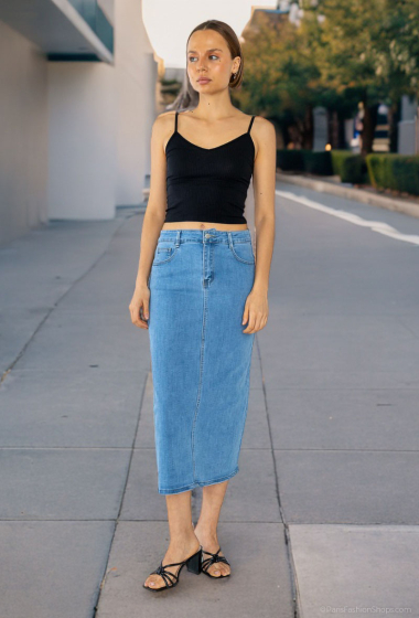 Grossiste Lusa Mode - Jupe en jeans stretch 83cm avec fente arrière