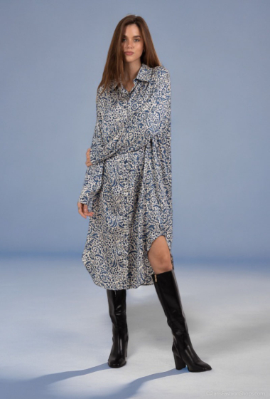 Wholesaler Lusa Mode - Abstract Print Long Sleeve Shirt Dress with Pockets