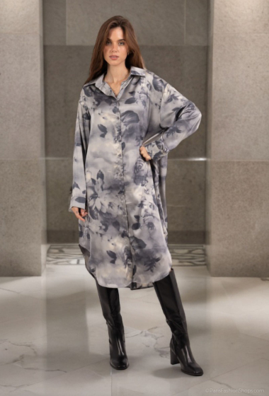Wholesaler Lusa Mode - Long Sleeve Floral Print Shirt Dress With Pockets