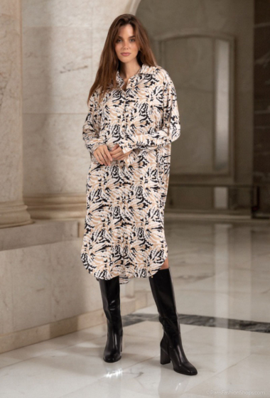 Wholesaler Lusa Mode - Long Sleeve Floral Print Shirt Dress With Pockets