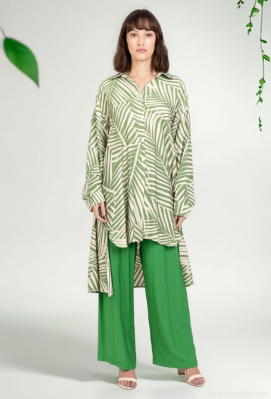 Großhändler Lusa Mode - Langärmliges, kurzes Kleid mit tropischem Print aus leinenähnlichem Stoff