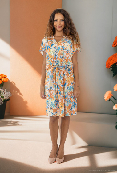 Großhändler Lusa Mode - Ärmelloses kurzes Kleid mit tropischem Print und Kordelzug
