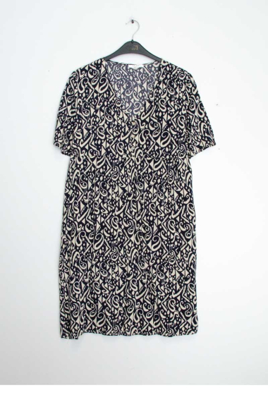 Großhändler Lusa Mode - Mittellanges Kleid mit abstraktem Print, kurzen Ärmeln und V-Ausschnitt