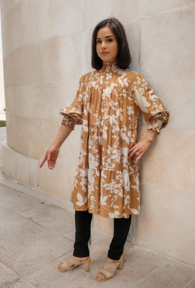 Grossiste Lusa Mode - Robe imprimée col montant tissu similaire au lin