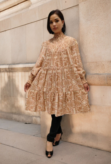 Großhändler Lusa Mode - Bedrucktes Kleid mit hohem Kragen, leinenähnlicher Stoff