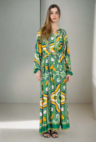 Großhändler Lusa Mode - Bedrucktes Kleid mit langen Ärmeln und Gürtel