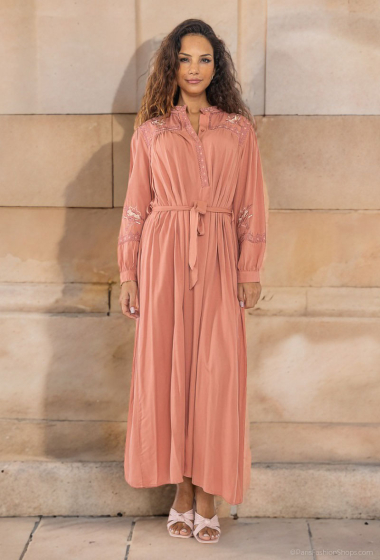 Großhändler Lusa Mode - Langes, schlichtes, besticktes Abaya-Kleid mit Gürtel