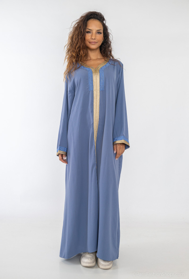 Wholesaler Lusa Mode - Long plain embroidered abaya dress with gold band
