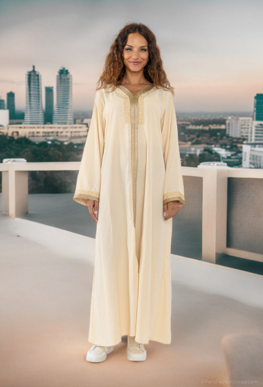 Großhändler Lusa Mode - Langes, einfarbig besticktes Abaya-Kleid mit goldenem Band