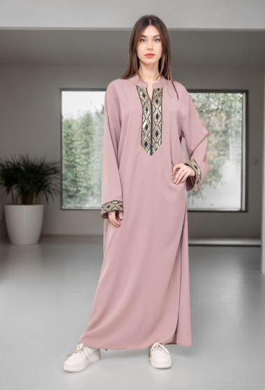 Mayorista Lusa Mode - Vestido abaya largo liso, manga larga, detalle cuello