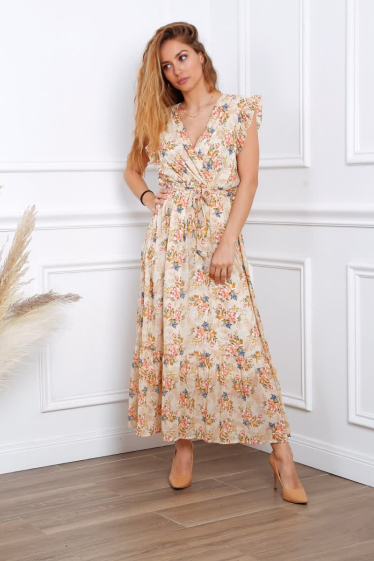 Wholesaler Lusa Mode - Long Floral V-neck sleeveless dress with lining and belt