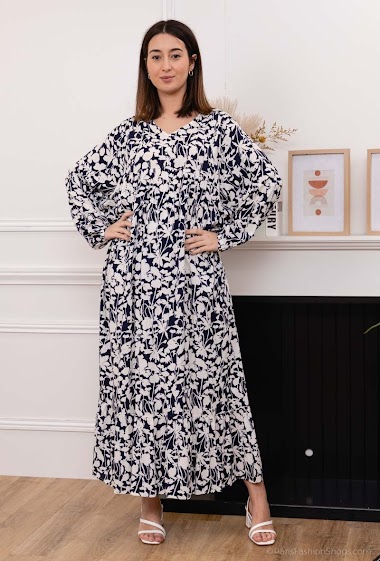 Long long-sleeved printed dress with fluid fabric lining