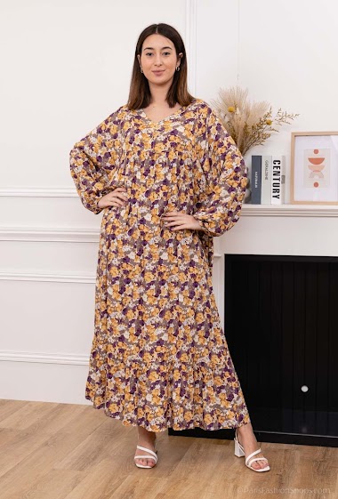 Long long-sleeved printed dress with fluid fabric lining