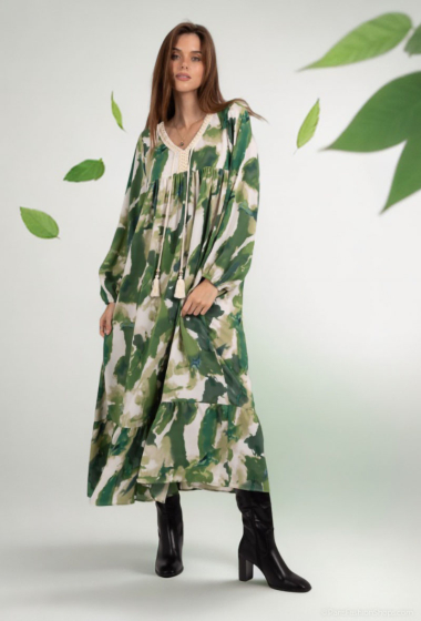 Wholesaler Lusa Mode - Abstract Print Long Sleeve Drawstring Maxi Dress
