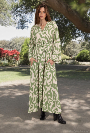 Mayorista Lusa Mode - Vestido largo con estampado abstracto y manga larga con tejido similar al lino