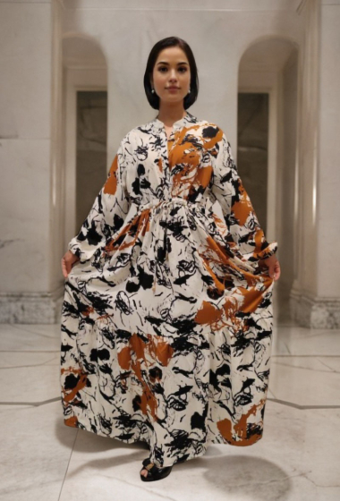Grossiste Lusa Mode - Robe longue imprimée abstraite manches longues