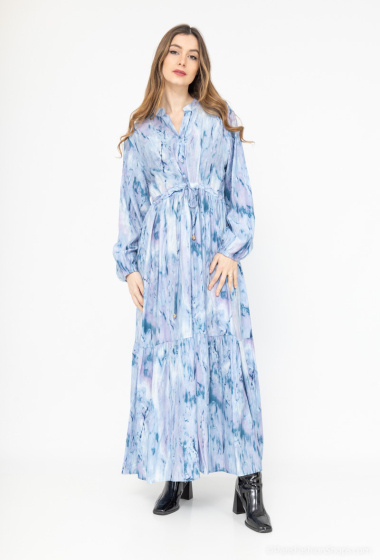 Großhändler Lusa Mode - Langes bedrucktes Kleid mit verstellbarem Gürtel, leinenähnlicher Stoff