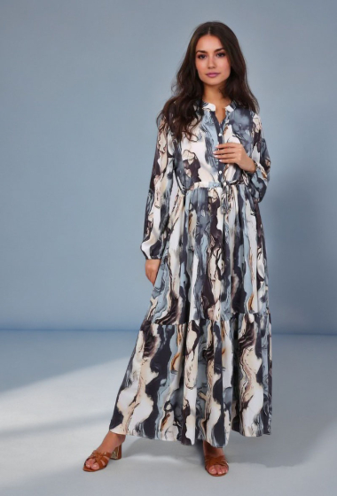 Großhändler Lusa Mode - Lang bedrucktes Kleid mit verstellbarem Gürtel