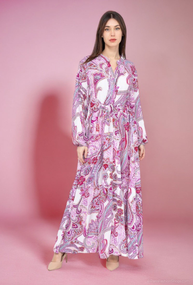 Großhändler Lusa Mode - Langes bedrucktes Kleid mit verstellbarem Gürtel