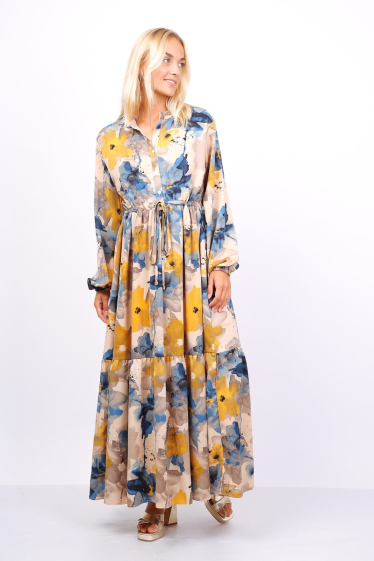 Großhändler Lusa Mode - Lang bedrucktes Kleid mit verstellbarem Gürtel
