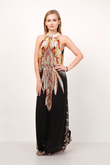 Großhändler Lusa Mode - Langes gedrucktes Kleid mit Futter und Strasssteinen