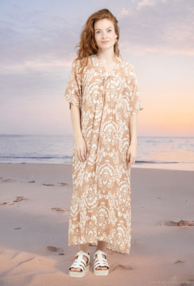Großhändler Lusa Mode - Langes Kleid mit böhmischem Aufdruck und kurzen Ärmeln