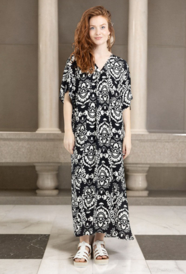 Großhändler Lusa Mode - Langes Kleid mit Bohemian-Print und kurzen Ärmeln