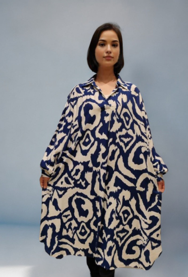 Großhändler Lusa Mode - Langes, böhmisches bedrucktes Kleid mit langen Ärmeln, leinenähnlicher Stoff