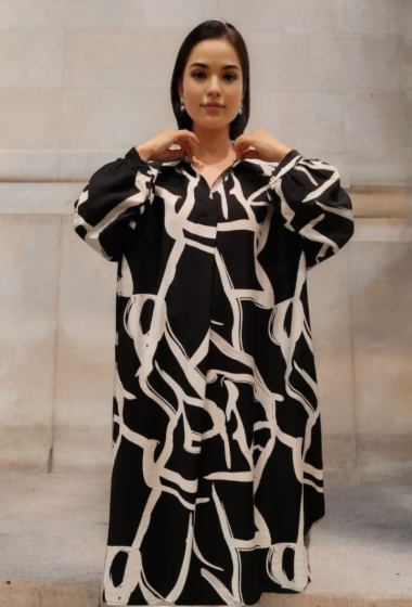 Großhändler Lusa Mode - Langes Kleid mit Bohemian-Print, langen Ärmeln, leinenähnlichem Stoff