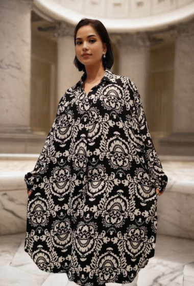 Mayorista Lusa Mode - Vestido largo estampado bohemio, manga larga, tejido tipo lino