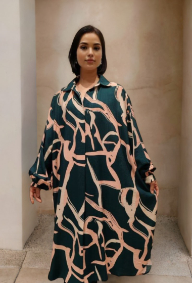 Grossiste Lusa Mode - Robe longue imprimée bohème manches longues tissu similaire au lin