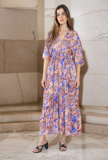 Großhändler Lusa Mode - Langes bedrucktes Kleid mit V-Ausschnitt