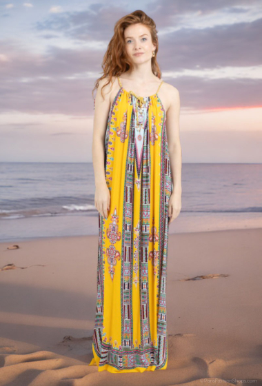 Großhändler Lusa Mode - Langes, bedrucktes Kleid aus böhmischer Baumwolle mit Trägern