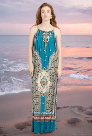 Großhändler Lusa Mode - Langes, bedrucktes Kleid aus böhmischer Baumwolle mit Trägern