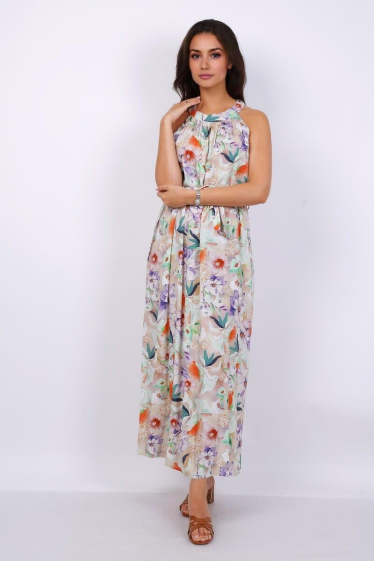 Grossiste Lusa Mode - Robe longue imprimée fleuri avec ceinture en coton