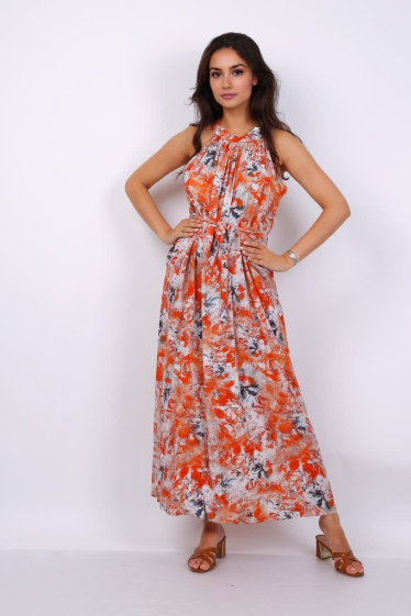 Großhändler Lusa Mode - Langes Blumendruckkleid mit Baumwollgürtel