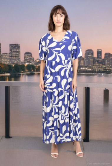 Grossiste Lusa Mode - Robe longue imprimée fleurie à manches courtes avec tissu similaire au lin