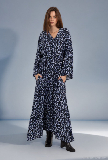 Großhändler Lusa Mode - Langärmliges Maxikleid mit Leopardenmuster und leinenähnlichem Stoff