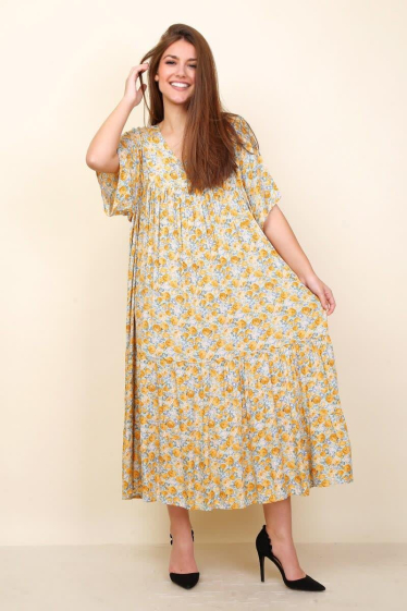 Großhändler Lusa Mode - Langes gedrucktes Kleid mit kurzen Ärmeln und V-Ausschnitt