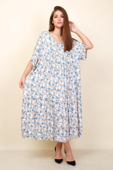 Großhändler Lusa Mode - Langes gedrucktes Kleid mit kurzen Ärmeln und V-Ausschnitt