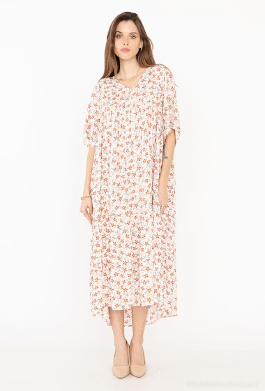 Long printed dress with short sleeves and V-neck