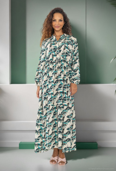 Grossiste Lusa Mode - Robe longue imprimée manche longue avec ceinture ajustable