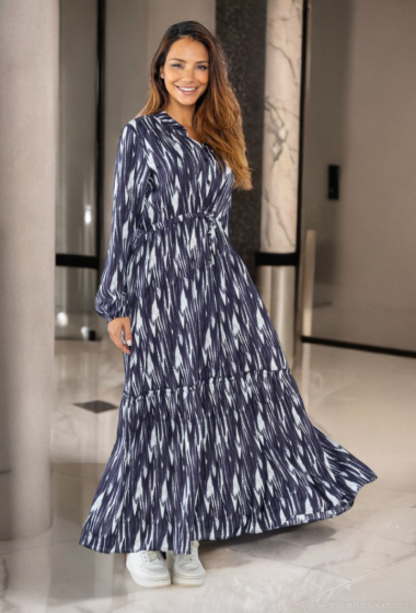 Großhändler Lusa Mode - Bedrucktes Maxikleid mit langen Ärmeln und verstellbarem Gürtel